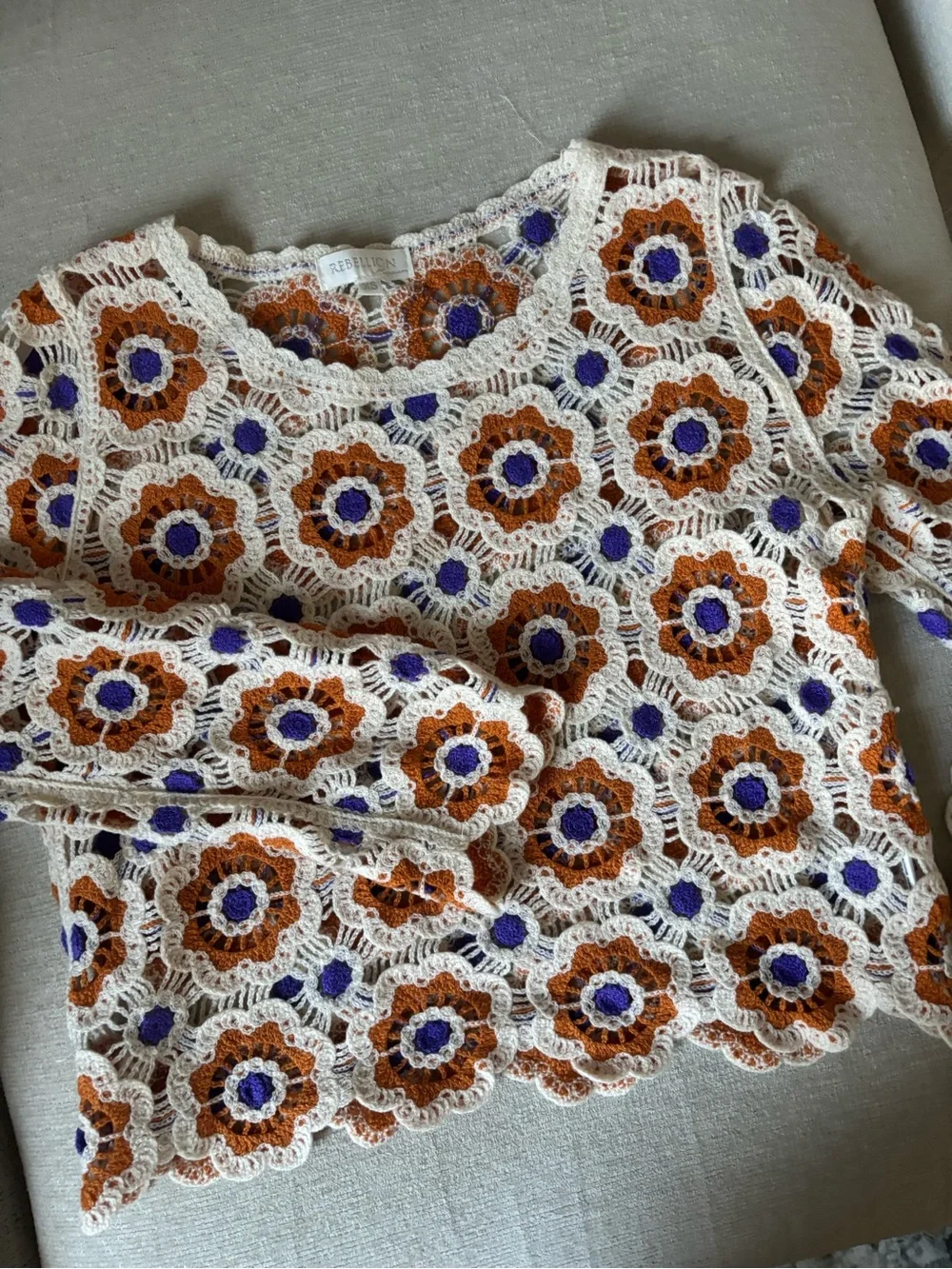 Reformation Crochet Floral Tunic in Cream, Rust & Purple